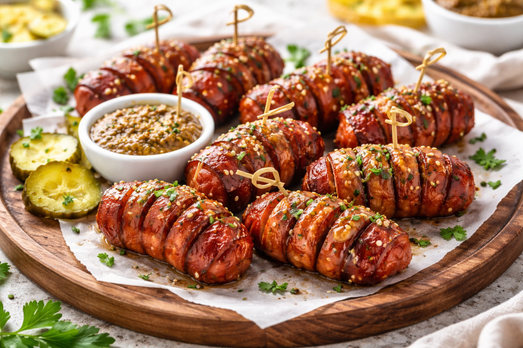 Golden hasselback kielbasa bites glazed with mustard and served on a party platter, ideal for Recipes Appetizers And Snacks, Tailgate Food, Party Dishes, Football Food, Super Bowl Food, Party Food Appetizers, Game Day Food, Food App, and Yummy Appetizers.