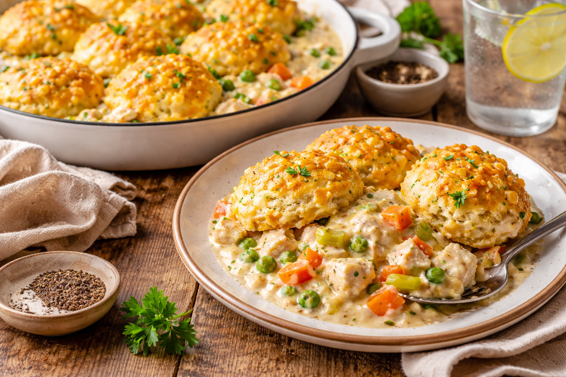 A cozy chicken pot pie topped with fluffy cheddar biscuit-style pieces in a baking dish.