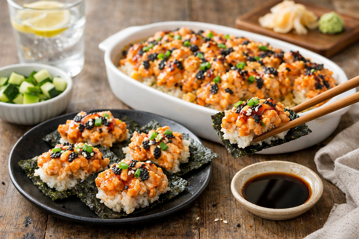 A baked salmon sushi casserole topped with spicy sauce, rice, and green onion.