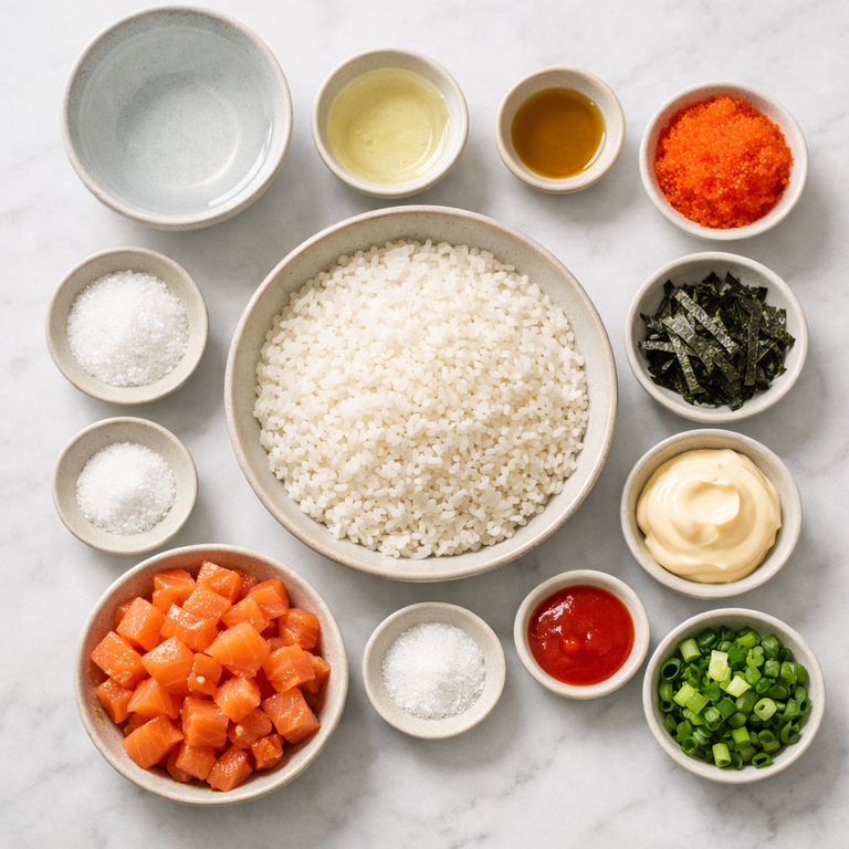 A baked salmon sushi casserole topped with spicy sauce, rice, and green onion.