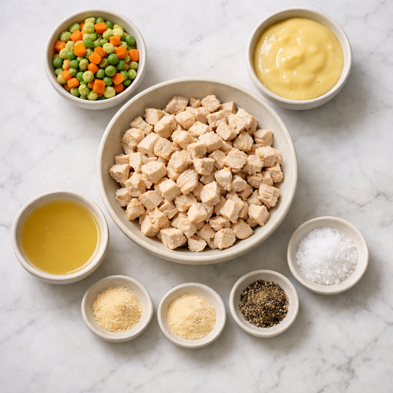 A cozy chicken pot pie topped with fluffy cheddar biscuit-style pieces in a baking dish.
