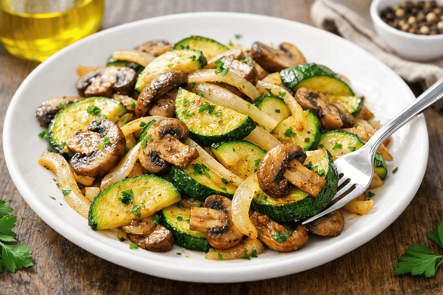 Sauteed zucchini, mushrooms, and onions in a skillet with light browning and herbs.