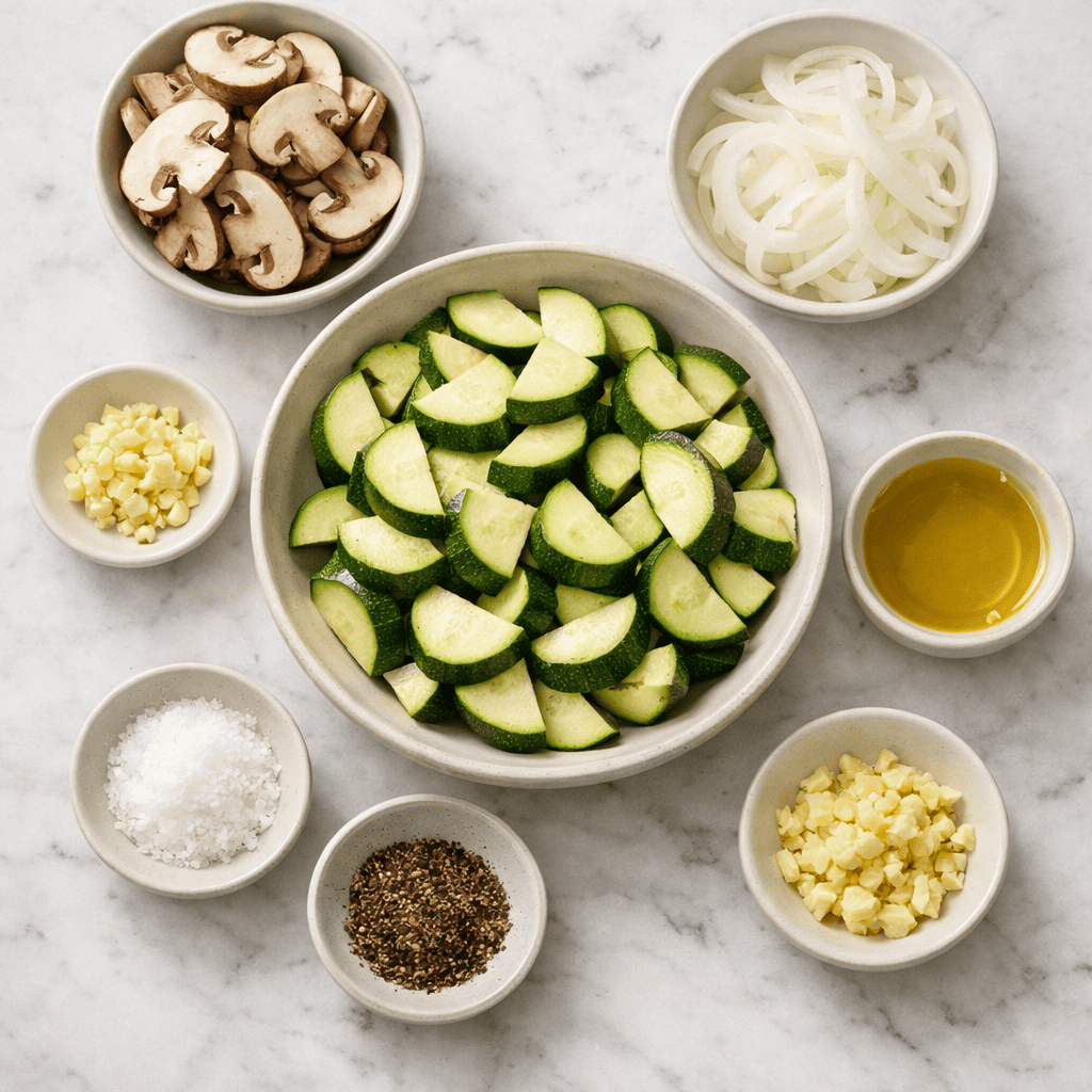 Sauteed zucchini, mushrooms, and onions in a skillet with light browning and herbs.